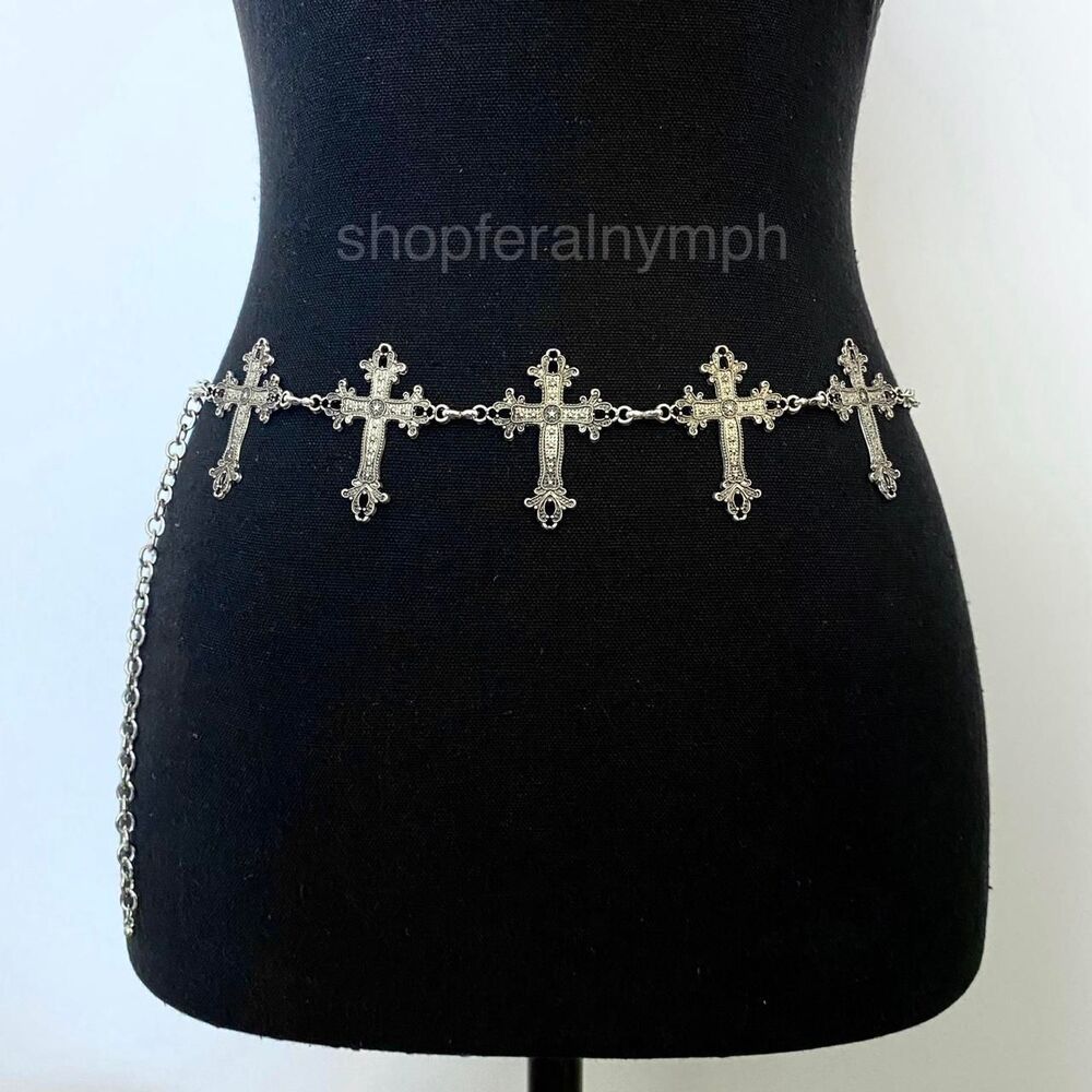 Silver Gothic Cross Whimsygoth Chain Belt, Fits 10.5-35 Inches, X7GA1258